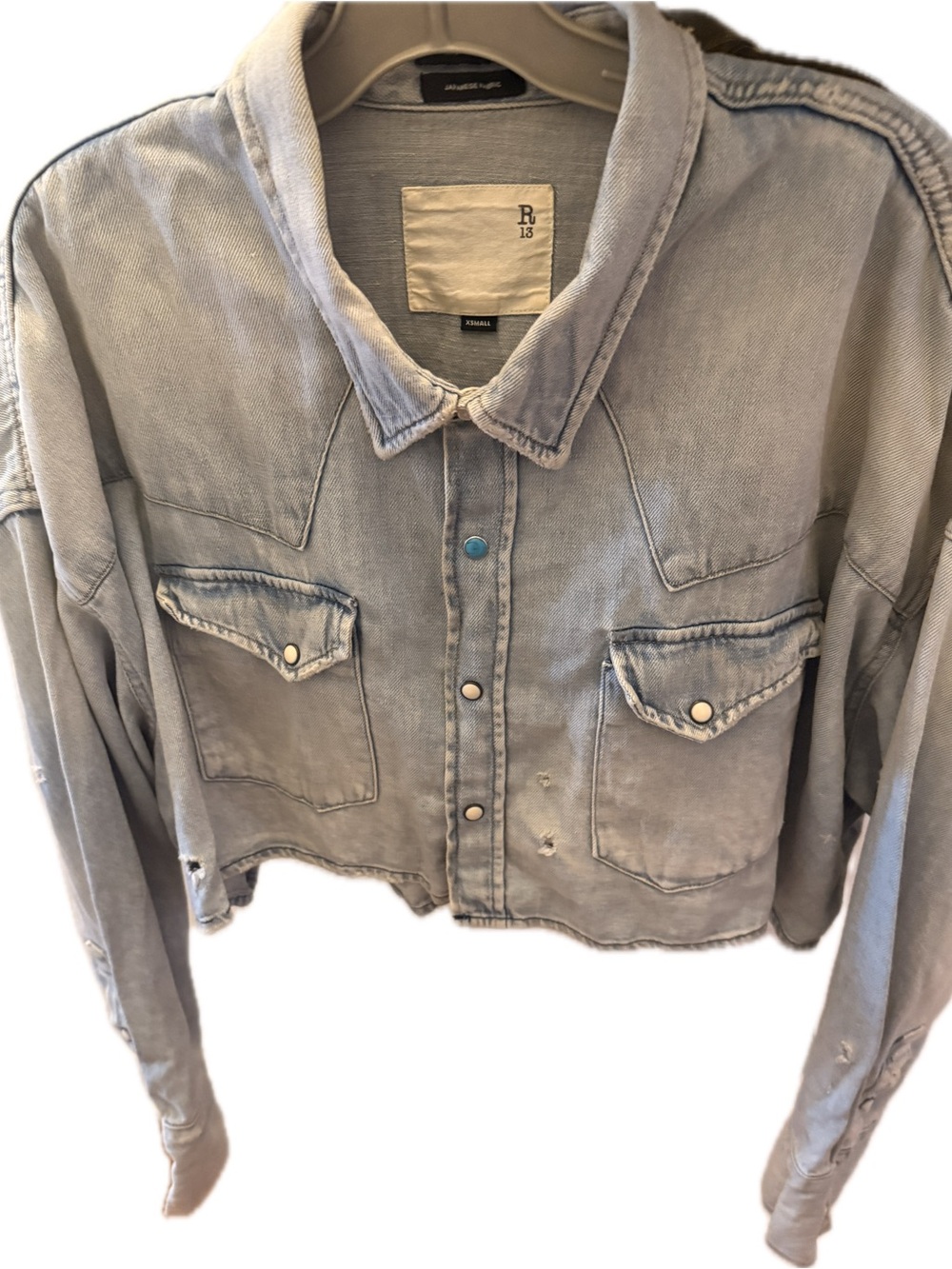 R13 Light Wash Cropped Distressed Denim Jacket - Pale Blue